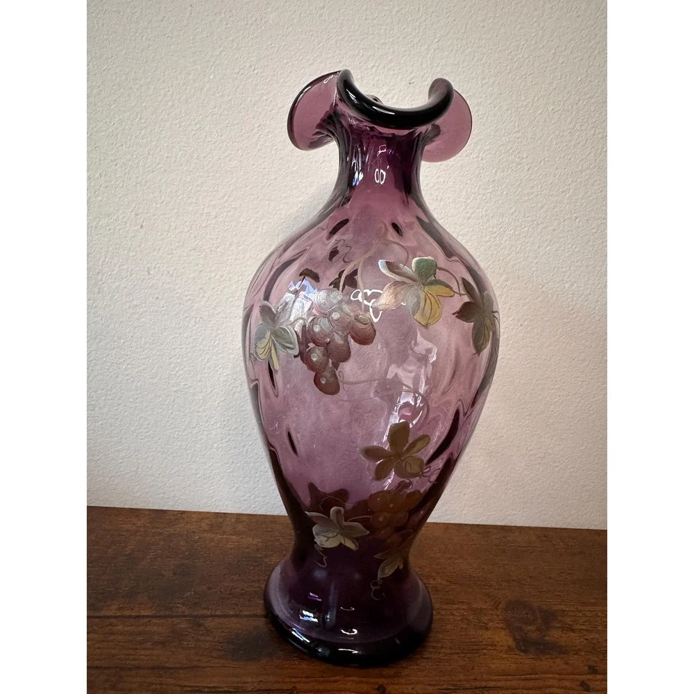 Hand Painted Amethyst Purple Glass Vase Signed by C Smith Ruffled Rim Floral